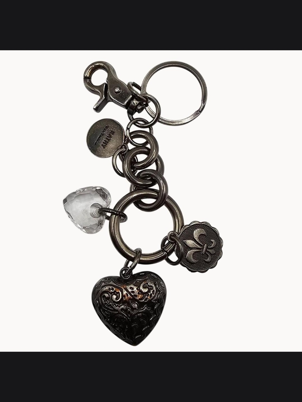 Kathy Van Zeeland Gunmetal Heart & Crystal Charm Keychain